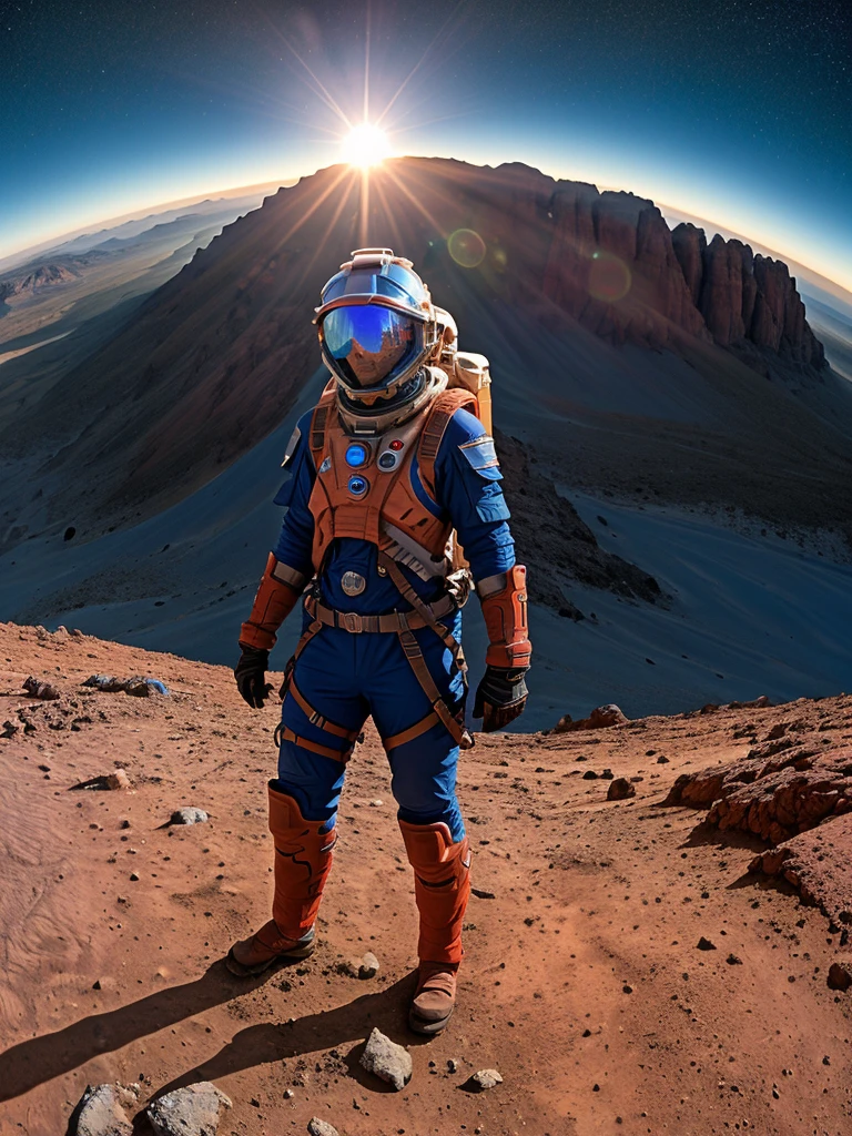 (best quality,4K,high resolution, tall girl, masterpiece:1.2),Extremely detailed,Practical,photoPractical:1.37,portrait,Science Fiction,Helmet reflexes, red planet mars,Explorer Lake Reflection, ((bluish sunrise)), Red Planet, Space suit, Dense vegetation, Distant Mountains, crimson skies, curiosity,, Unknown,Dust particles,Extraordinary journey,Metal surface,Ancient buildings,expedition, blue Sun Visor,Sparkling blue Sun Visor,Vast landscape,archeology,relics of the past,mystery,adventure,conspiracy,Magnificent views,Unexplored territory,explore,Uncovering Secrets,Cosmic miracles, small size blue sun, habitating mars,