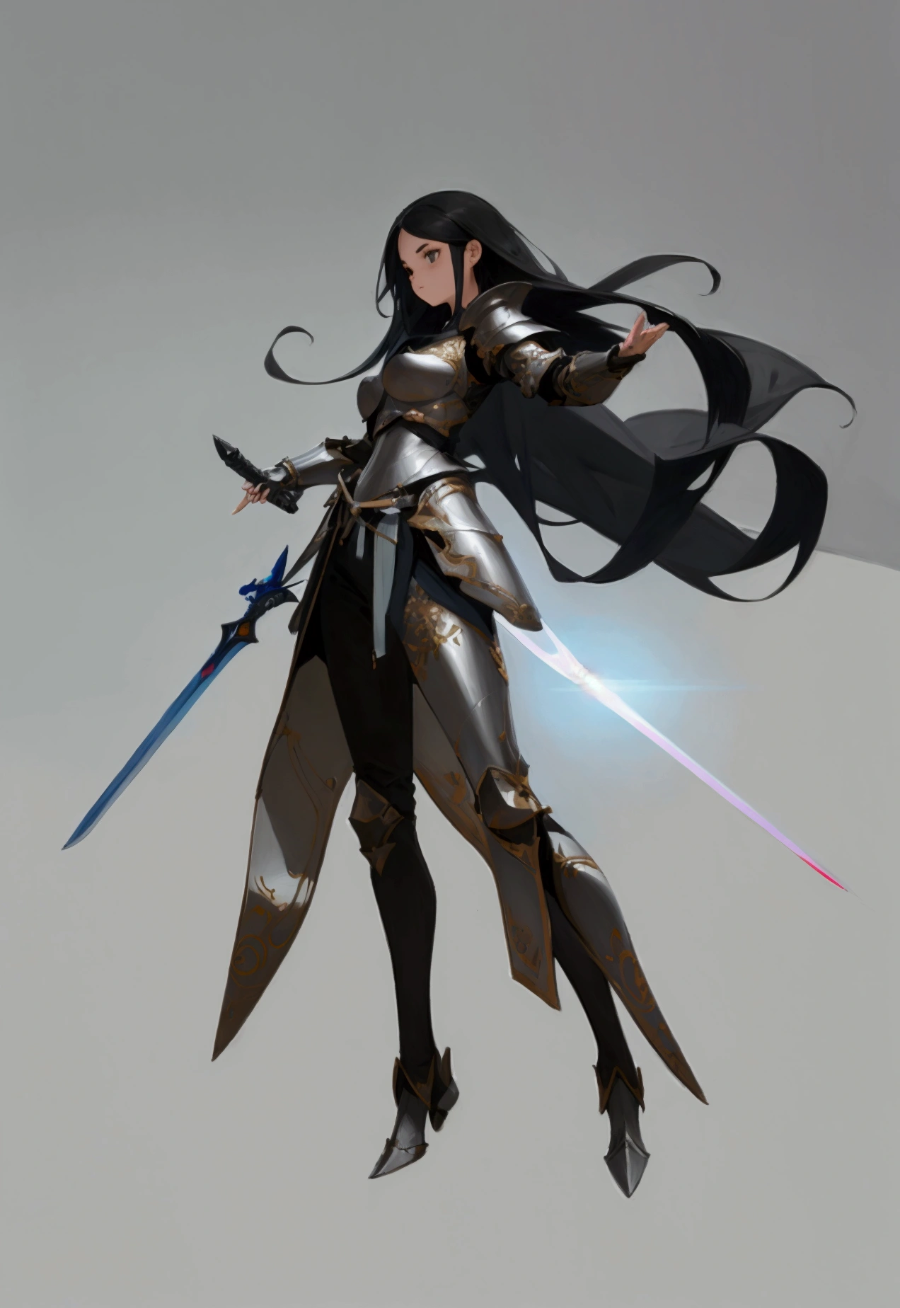 Absurd resolution, High resolution, (artwork: 1.4), concept art, Ultra-detailed, 1 girl, young man, gray eyes, light armor, Black hair, long hair, holding a dagger, full body