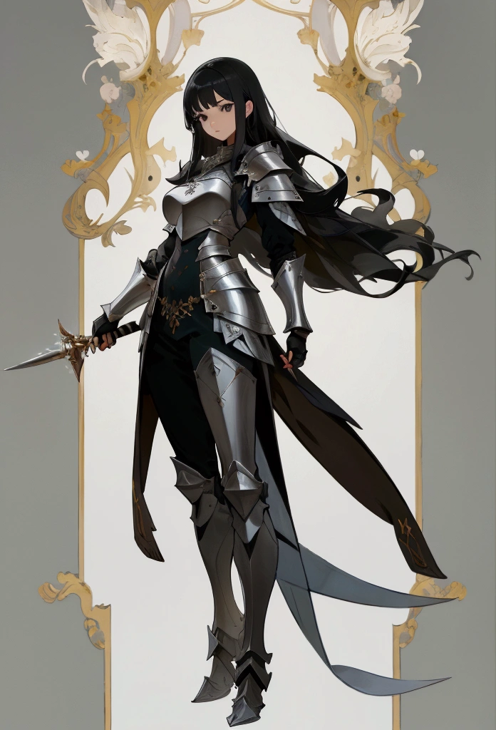 Absurd resolution, High resolution, (artwork: 1.4), concept art, Ultra-detailed, 1 girl, young man, gray eyes, light armor, Black hair, long hair, holding a dagger, full body