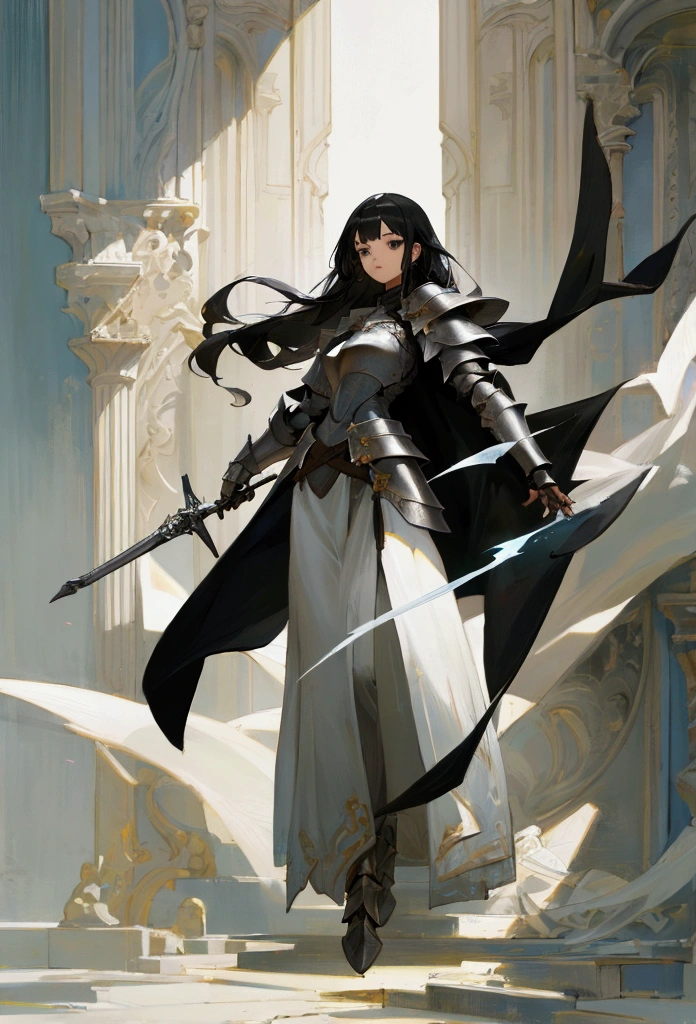 Absurd resolution, High resolution, (artwork: 1.4), concept art, Ultra-detailed, 1 girl, young man, gray eyes, light armor, Black hair, long hair, holding a dagger, full body