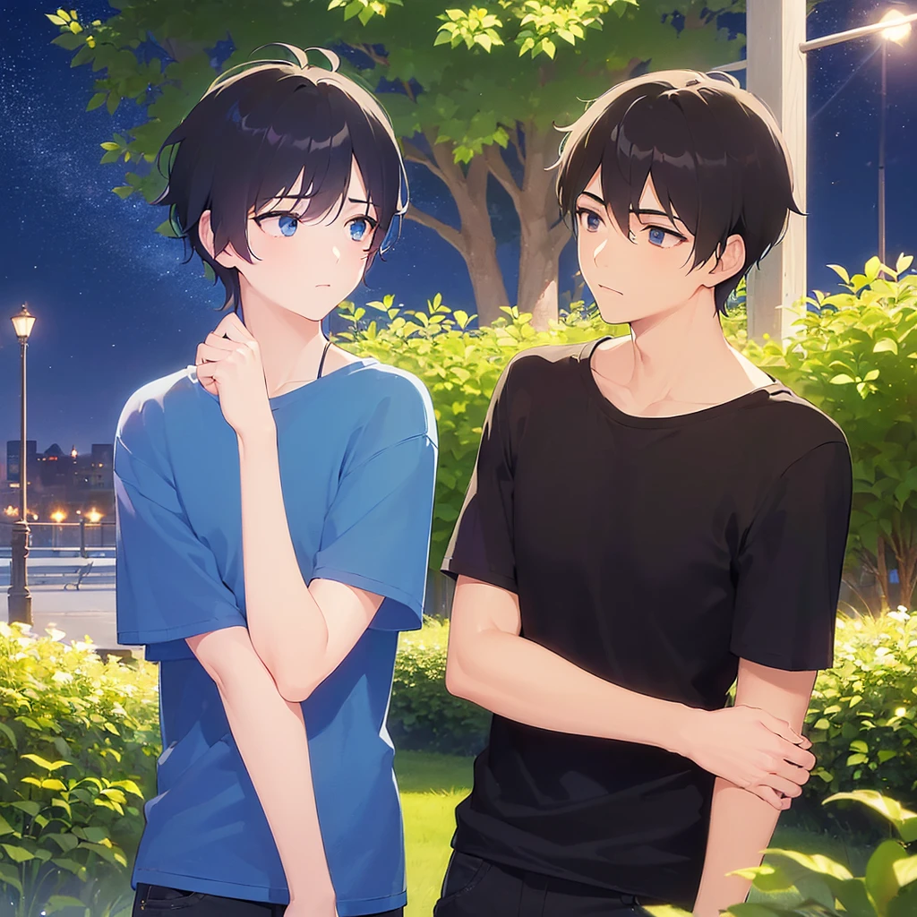 (looking away:1.5),upper body,
shiny skin, masterpiece、Highest quality、(30-year-old male:1.5) and (Black short hair) and (blue eyes)
(black) and (T-Shirts),Embarrassed、
Night Park、Night Sky、grass、