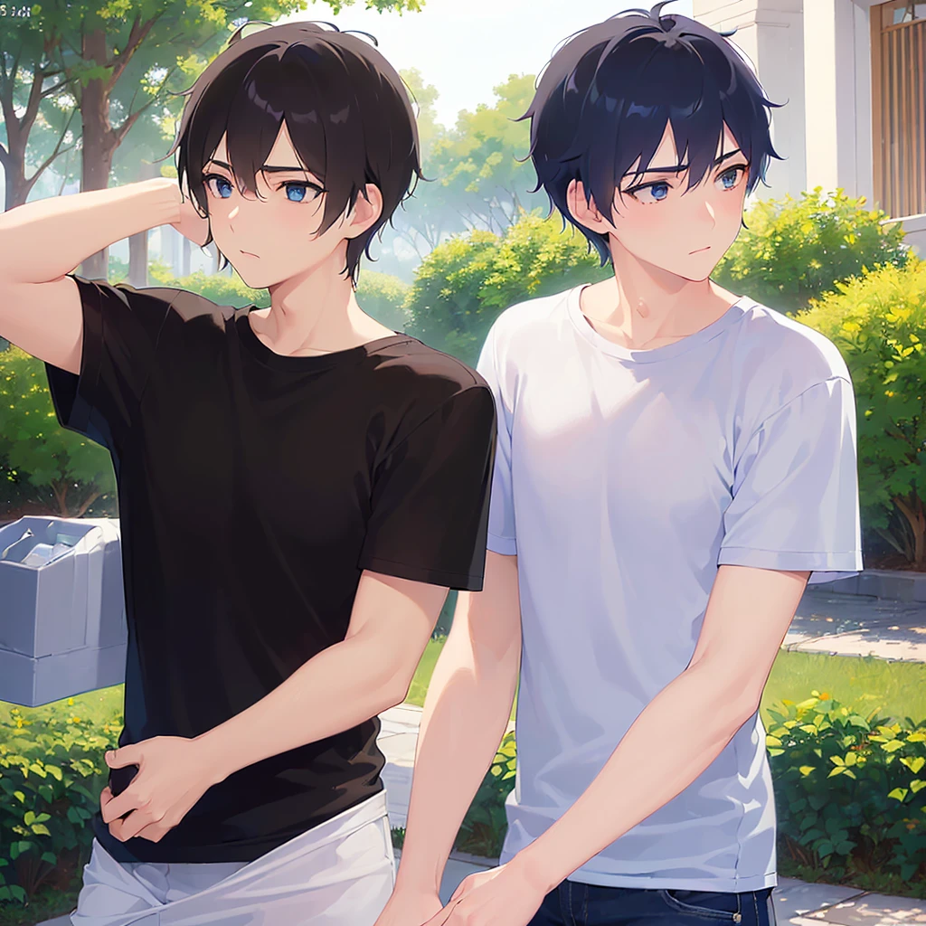 (looking away:1.5),upper body,
shiny skin, masterpiece、Highest quality、(30-year-old male:1.5) and (Black short hair) and (blue eyes)
(black) and (T-Shirts),Embarrassed、
Night Park、Night Sky、grass、