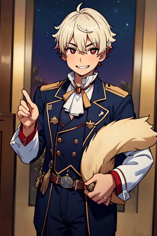 Perfect face. Perfect hands. A young white haired man with red eyes in a Gothic sheriff's uniform is watching the stars in a wild west town with a big smile