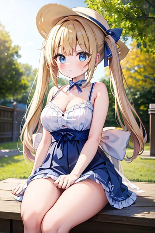 Highest quality,masterpiece,8k,Anime Style,Blonde with blue eyes、camisole、Cami dress mini skirt,Cleavage,Side are visible,Large Breasts、Twin tails、cute eyes,Sun Hat(sun hat),Japanese Festivals,stall,evening,Smooth thighs,Emphasize the chest,