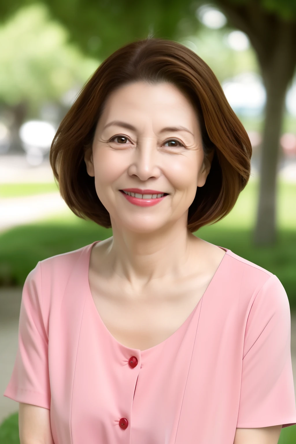 Sitting on a park bench, Wrinkles around the eyes, Smiling with teeth showing, Plain short-sleeved clothing, senior citizen, Draw lips correctly, Red lipstick, No discomfort, 16K, Highest quality, Very detailed, Realistic, Very detailed肌, (Japanese), (alone), 60 years old, Large Breasts, , Glamour, sexy, Chromo White Skin, Staring straight ahead,