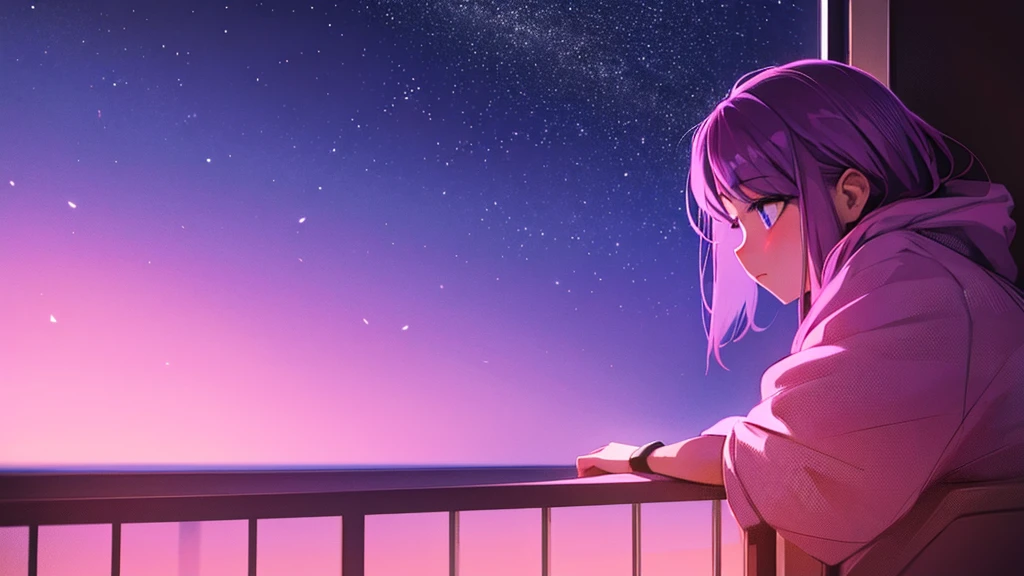 Illustration of a person staring out a window with a purple and pink nighttime sky in the background.