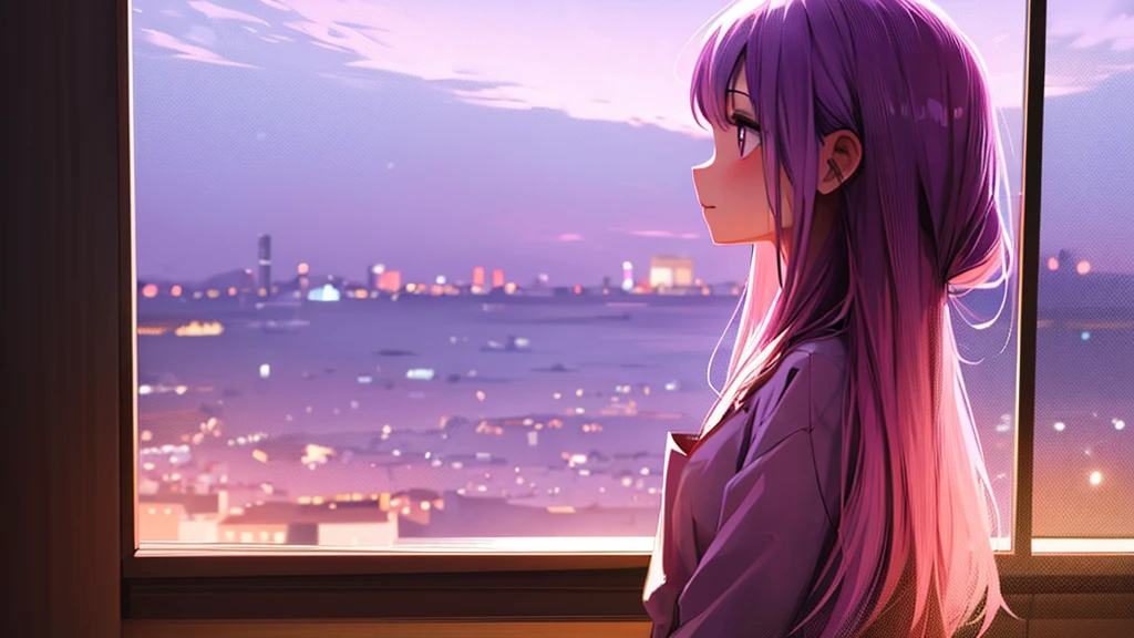 Illustration of a person staring out a window with a purple and pink nighttime sky in the background.