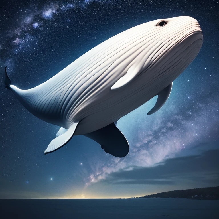 Flying Whale, night, Starry Sky, uhd, retina, masterpiece, ccurate, anatomically correct, textured skin, super detail, high details, high quality, best quality, highres, 4K