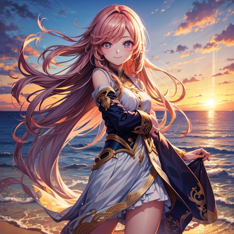 anime style, in the sky, across the sea, two eyes open, Eyes detailed, At sunset, Smiling, masterpiece, 4K, Detailed face, good anatomy, emphasize,
