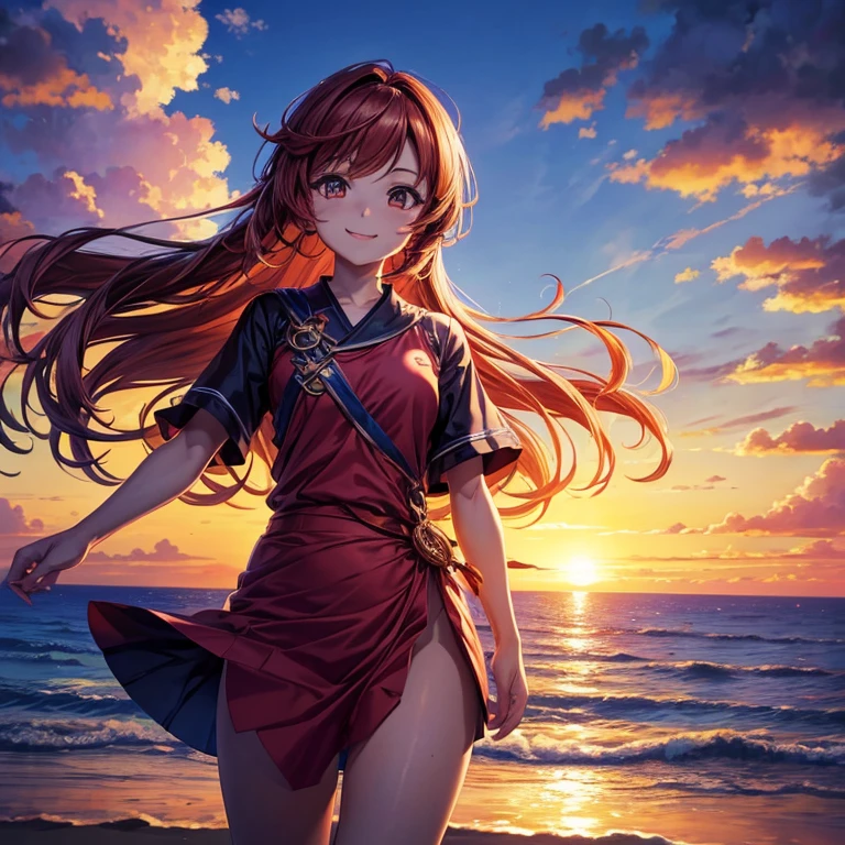 anime style, in the sky, across the sea, two eyes open, Eyes detailed, At sunset, Smiling, masterpiece, 4K, Detailed face, good anatomy, emphasize,