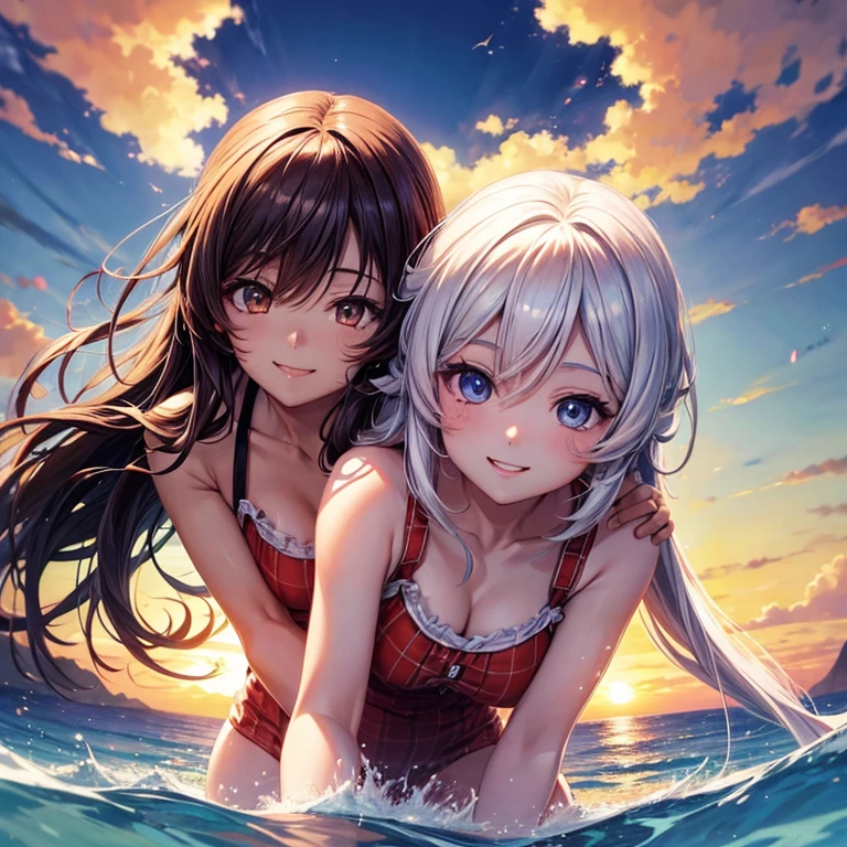 anime style, in the sky, across the sea, two eyes open, Eyes detailed, At sunset, Smiling, masterpiece, 4K, Detailed face, good anatomy, emphasize,  