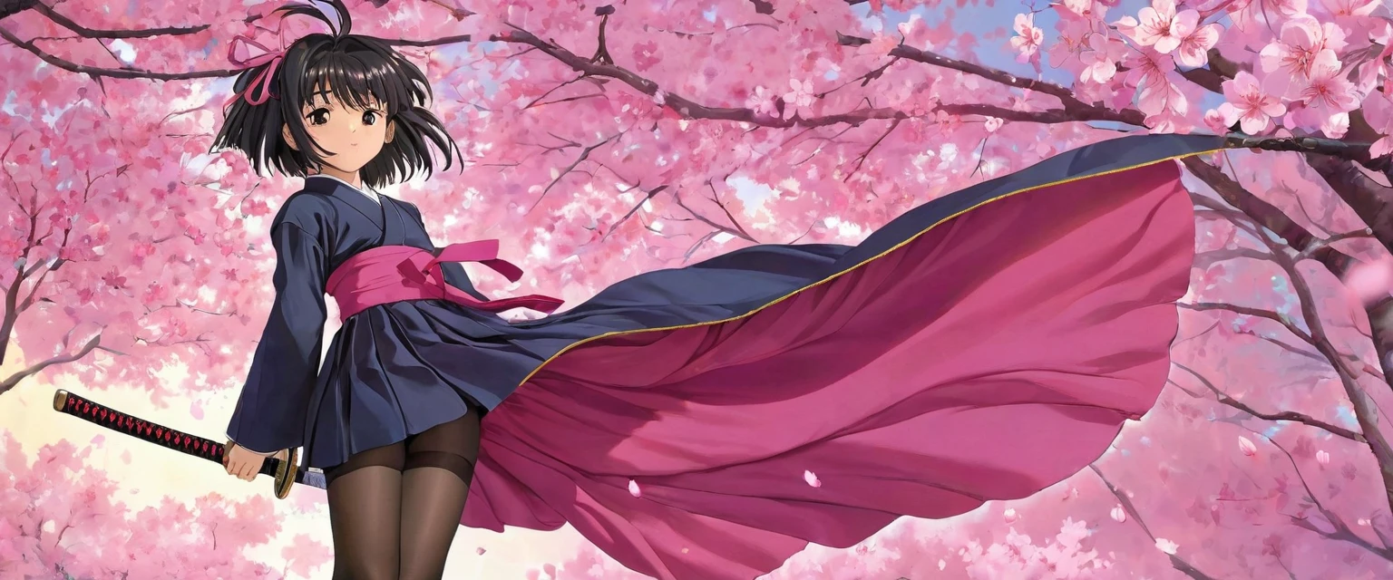 10 year old girl underwear, Sakura Shinguji、Realistic bloomers made from patterned cotton fabric, Japanese clothing and hakama, Fabric Realism, Low - Angle, I see bloomers, Pull up the dress by hand, Strong winds, Translucent slip, Translucent slip, tights, Highest quality, whole body、Black Hair、Holding a sword、Big ribbon in hair