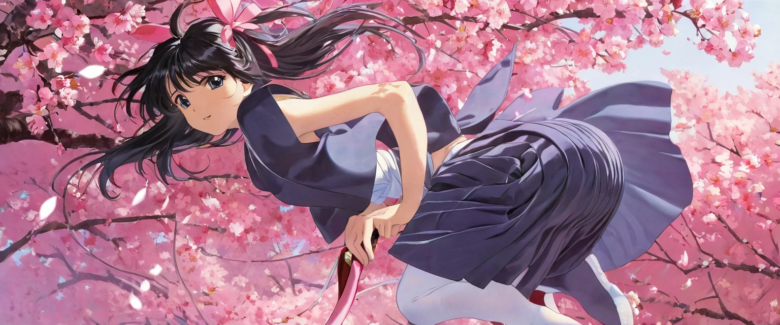 10 year old girl underwear, Sakura Shinguji、Realistic bloomers made from patterned cotton fabric, Japanese clothing and hakama, Fabric Realism, Low - Angle, I see bloomers, Pull up the dress by hand, Strong winds, Translucent slip, Translucent slip, tights, Highest quality, whole body、Black Hair、Holding a sword、Big ribbon in hair
