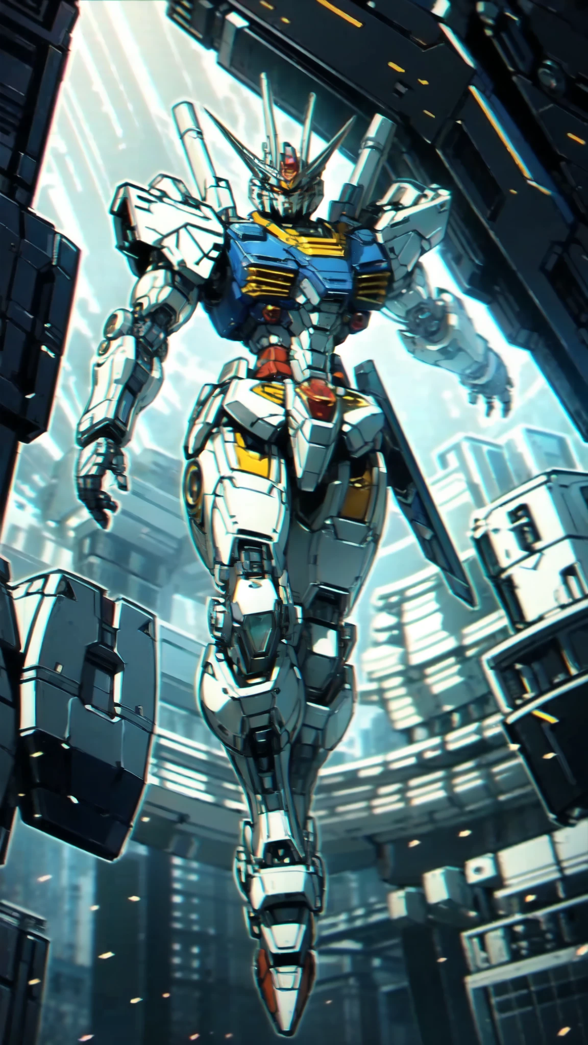 (masterpiece:1.5, best quality:1.5, extremely delicate:1.5), humanoid Mecha, fully enclosed shoulder guards, matching arm and leg guards, full body, full armor, the design balances heavy with agility, (the color scheme is primarily white with red and blue accents, the concept Inspired by Super robot, organic biotech armor, standing, floating high above the futuristic sci-fi city), exquisite and mature art style, (aura effect, energy, glowing eyes, the armor glows), metallic, dramatic, high definition, highres, ultra-detailed, ultra-fine painting, professional, perfect body proportions, anatomically correct, symmetrical face, extremely detailed eyes and face, high quality eyes, creativity, RAW photo, UHD, 32k, Natural light, cinematic lighting, masterpiece-anatomy-perfect