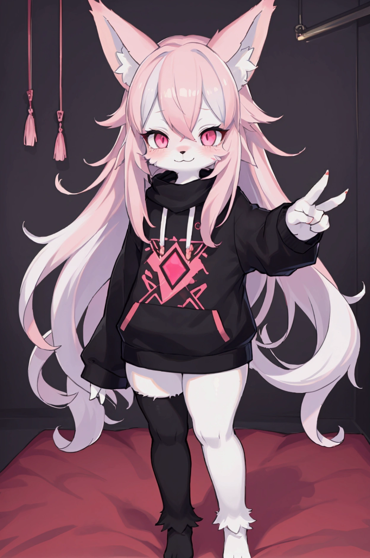 FULL BODY. effeminate teenage fox boy furry, FEMBOY, pale rosy fur, pink fox tail and fox ears, SKINNY, PINK EYES, foxy slanted eyes, big eyes, LONG hair, white hair with pink locks, messy hair, floating hair, thin cute face, PINK EYES, EXHAUSTED, TIRED, EYEBAGS, dark circles under the eyes, RED astronomy pattern of RED MARKS on his skin, wearing an oversized black sweater, and white striped high-thigh socks, neon lights bedroom background, dynamic poses, standing up with a smile, peace sign hand