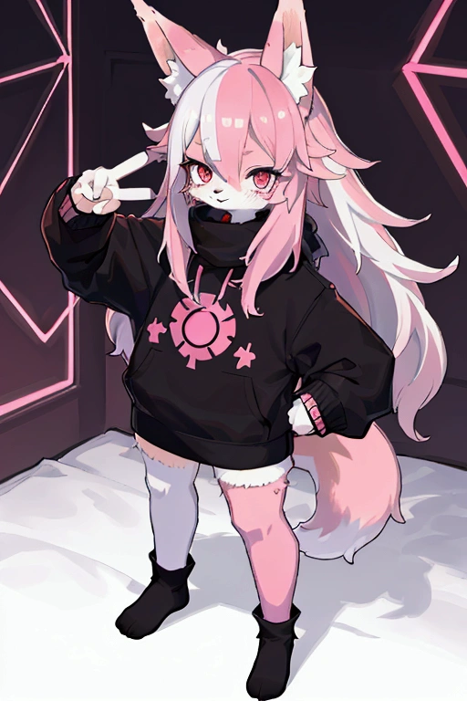 FULL BODY. effeminate teenage fox boy furry, FEMBOY, pale rosy fur, pink fox tail and fox ears, SKINNY, PINK EYES, foxy slanted eyes, big eyes, LONG hair, white hair with pink locks, messy hair, floating hair, thin cute face, PINK EYES, EXHAUSTED, TIRED, EYEBAGS, dark circles under the eyes, RED astronomy pattern of RED MARKS on his skin, wearing an oversized black sweater, and white striped high-thigh socks, neon lights bedroom background, dynamic poses, standing up with a smile, peace sign hand