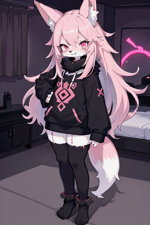 FULL BODY. effeminate age fox boy furry, FEMBOY, pale rosy fur, pink fox tail and fox ears, SKINNY, PINK EYES, foxy slanted eyes, big eyes, LONG hair, white hair with pink locks, messy hair, floating hair, thin cute face, PINK EYES, EXHAUSTED, TIRED, EYEBAGS, dark circles under the eyes, RED astronomy pattern of RED MARKS on his skin, wearing an oversized black sweater, and white striped high-thigh socks, neon lights bedroom background, dynamic poses, standing up with a smile, peace sign hand