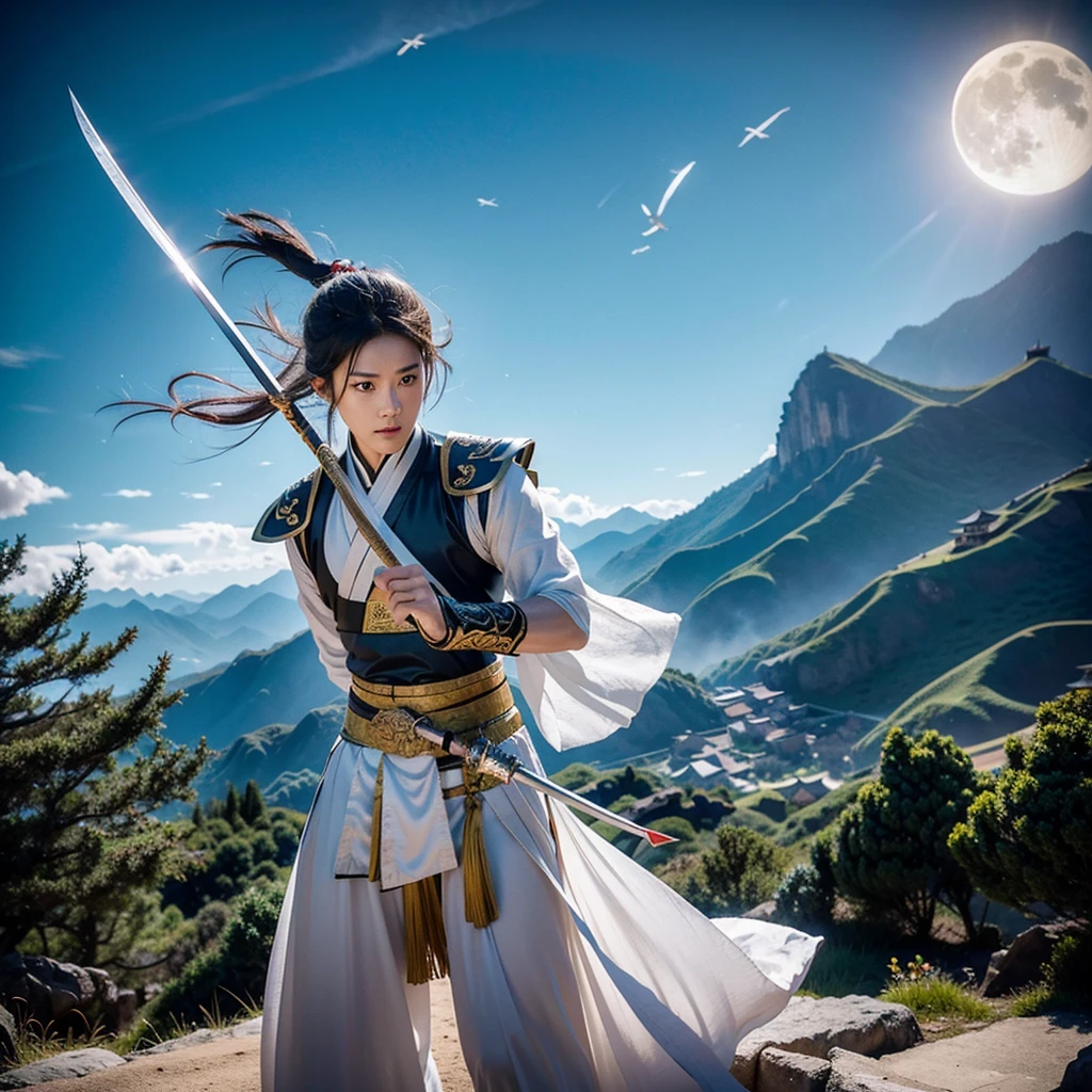 Create a global view of the world,Create the moment of the ancient world. The Shang Dynasty era. The ancient old-fashioned Chinese sky and earth. Ancient times. The Classic of Mountains and Seas. The world style is sometimes like a TV costume movie. Martial arts movies. Cloth swords, wooden swords, bag halberds. Hollywood fight scenes. Shang Dynasty world view. Hanfu. Martial arts drama. The six main characters appear. Images of six people, six roles, six duels, duels, contemplation, and kills in a breathtaking martial arts world., This sword, halberd, tactics, spells, magic art, flying around requires a fantasy fairy-like duel with lighting scenes, a battle of no return, Swordsman, Tianlong, Eight Parts, Legend of the Condor Heroes, The Legend of the Condor Heroes, Full Moon Scimitar, Thunderbolt International Multimedia Tianyu International Multimedia Gods and Demons International Multimedia Zheng Wen Style Ink Comics Martial Arts Gu Long Martial Arts Mortals Cultivation to Immortality