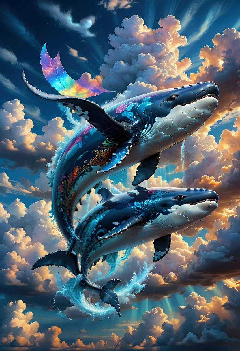Flying Whale, Winged Whale, A giant whale flying through the sky, extremely detailed whale, glowing whale body, ethereal whale, whale surrounded by clouds, dramatic lighting, cinematic angle, fantasy landscape, vibrant colors, epic, mystical, ethereal, surreal, masterpiece, best quality, very aesthetic, absurdres