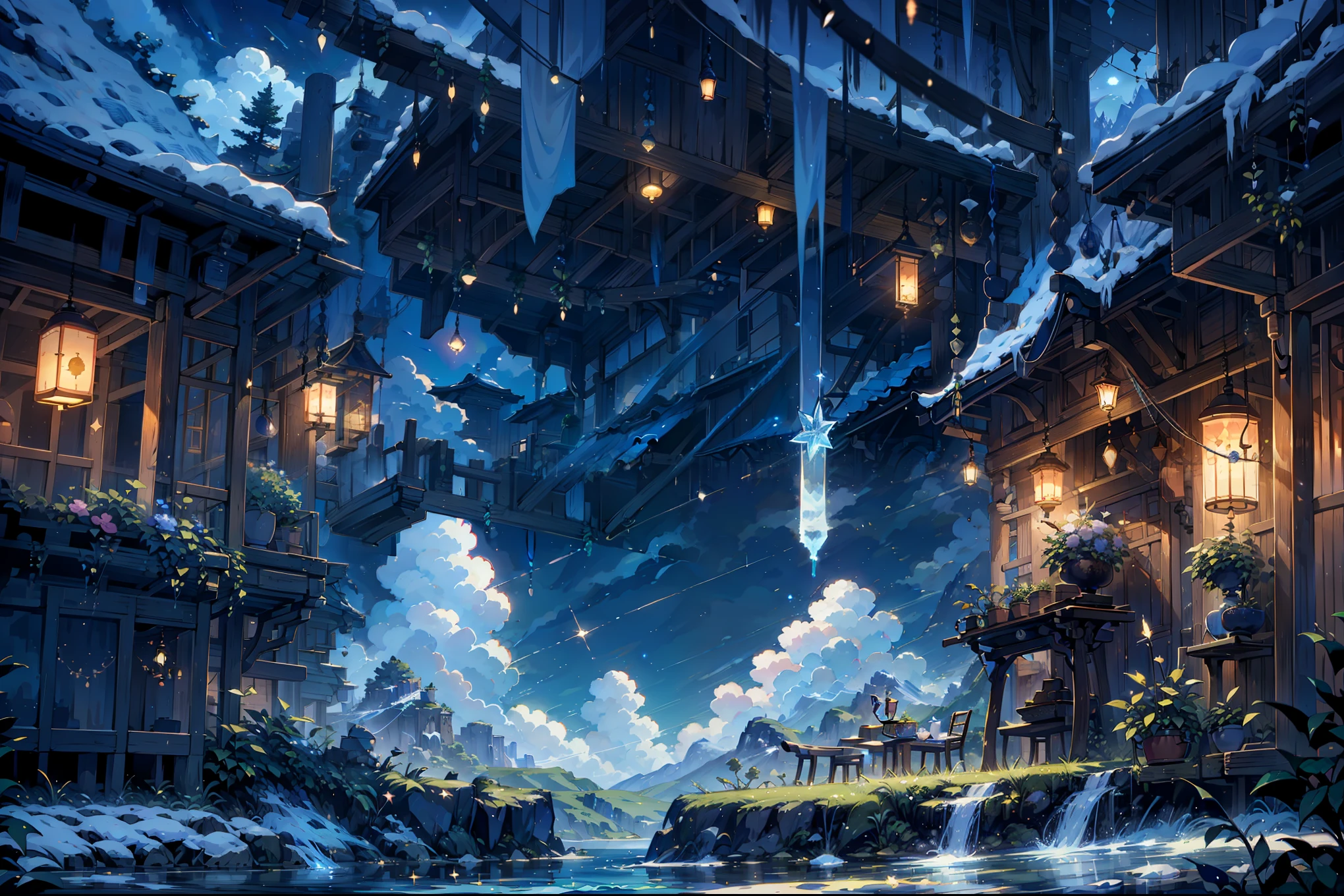 {{{Crescent Moon,Tabletop}}}, {{Highest quality, Ultra-fine illustrations, Beautiful and delicate water}}, {{Very delicate light}}, {{nature, Painting}}, {{Excellent lighting, A more transparent star, Quality Mountains々々々々々々々, Very beautiful 8K PCG wallpaper}}, (plateau), sunrise, Randomly distributed clouds, cliff, ((Rotating starry sky)), ((Lake of the mountain stream)), Glowing particles,warrior,Grab your sword,Japanese sword