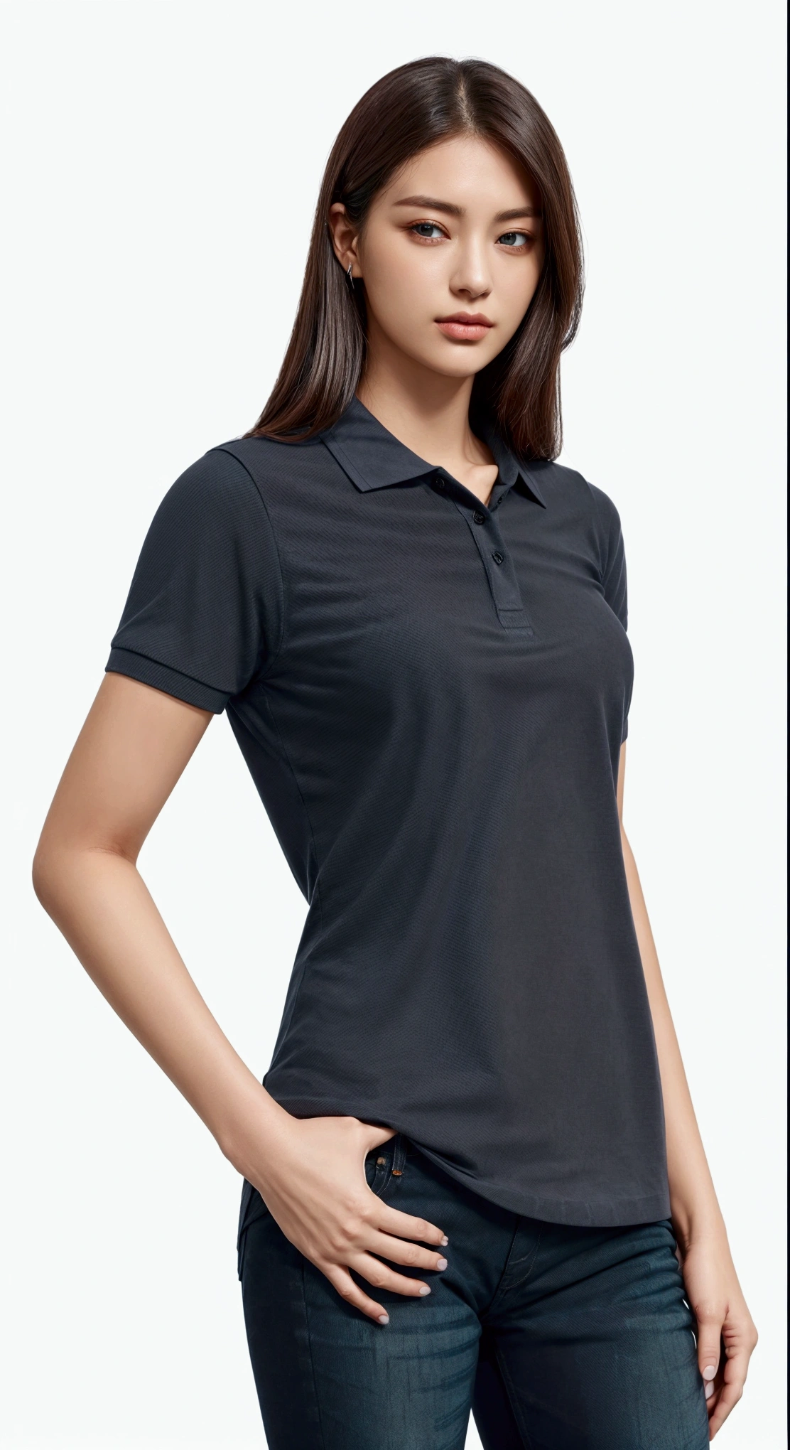a woman in a gray shirt and jeans posing for a picture, wearing polo shirt, blackw, collar shirt, antracite, wearing a dark blue polo shirt, perfect  detail, manga curta, meia imagem, gray dark, detailed photo, detailed photo com zoom, gray shirt, Full-body close-up, shot close to the body, in a dark teal polo shirt
