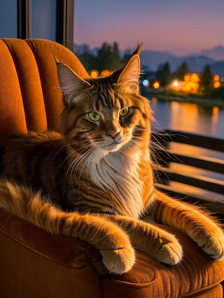 a majestic orange maine coon cat sitting on chairs in front of a serene lake, detailed realistic fur, beautiful eyes, long whiskers, soft orange fluffy belly, anthropomorphic, garfield-like pose, photorealistic, highly detailed, 8k, (best quality, masterpiece:1.2), ultra-detailed, (realistic, photorealistic:1.37), studio lighting, vivid colors, sharp focus