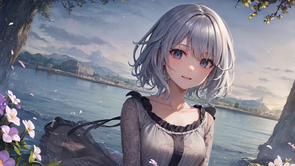 Ultra HD,Look at the viewers, Put your hands behind your back, With a girl, 20-year-old, 非常にShort Hair, Long bangs between the eyes, Pale blue eyes, Very detailed,(masterpiece、Highest quality),Gray Hair、Laughter、Fantastic, Silver Hair, Iris, Short hair、 Fluttering Hair、Small Face、明るいsmile、(Detailed face) ,Professional Lighting,Wonderful landscape,blue sky, sunlight,Looking down from above,Portraiture、Open your mouth、Flower Field、Her eyes were shining、Mysterious and enchanting atmosphere。With AI Painting、とてもShort Hair, Long bangs between the eyes, Very detailed,(masterpiece、Highest quality)、alone、Gray Hair、Fantasy, Silver Hair, Fantasyな風景、smile、Open your mouth、short hair、Short Hair、hairpin、black eye、Grey Eyes、Beautiful Eyes、Black Shirt、White hoodie