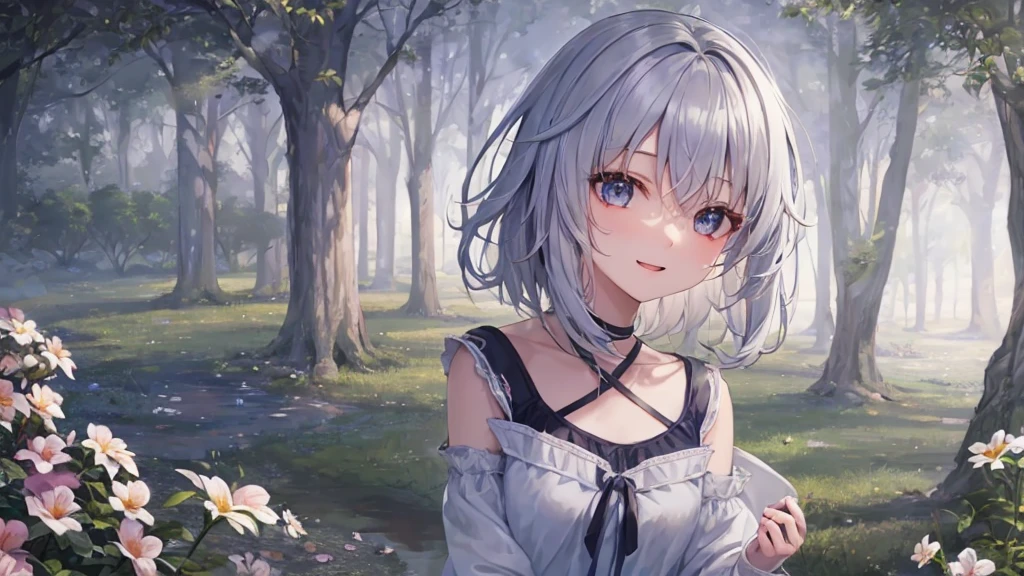 Ultra HD,Look at the viewers, Put your hands behind your back, With a girl, 20-year-old, 非常にShort Hair, Long bangs between the eyes, Pale blue eyes, Very detailed,(masterpiece、Highest quality),Gray Hair、Laughter、Fantastic, Silver Hair, Iris, Short hair、 Fluttering Hair、Small Face、明るいsmile、(Detailed face) ,Professional Lighting,Wonderful landscape,blue sky, sunlight,Looking down from above,Portraiture、Open your mouth、Flower Field、Her eyes were shining、Mysterious and enchanting atmosphere。With AI Painting、とてもShort Hair, Long bangs between the eyes, Very detailed,(masterpiece、Highest quality)、alone、Gray Hair、Fantasy, Silver Hair, Fantasyな風景、smile、Open your mouth、short hair、Short Hair、hairpin、black eye、Grey Eyes、Beautiful Eyes、Black Shirt、White hoodie