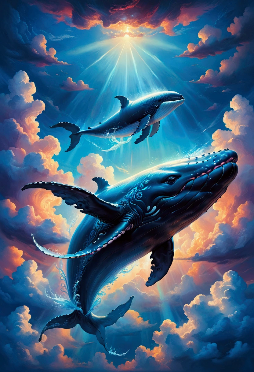 Flying Whale, Winged Whale, A giant whale flying through the sky, extremely detailed whale, glowing whale body, ethereal whale, whale surrounded by clouds, dramatic lighting, cinematic angle, fantasy landscape, vibrant colors, epic, mystical, ethereal, surreal, masterpiece, best quality, very aesthetic, absurdres