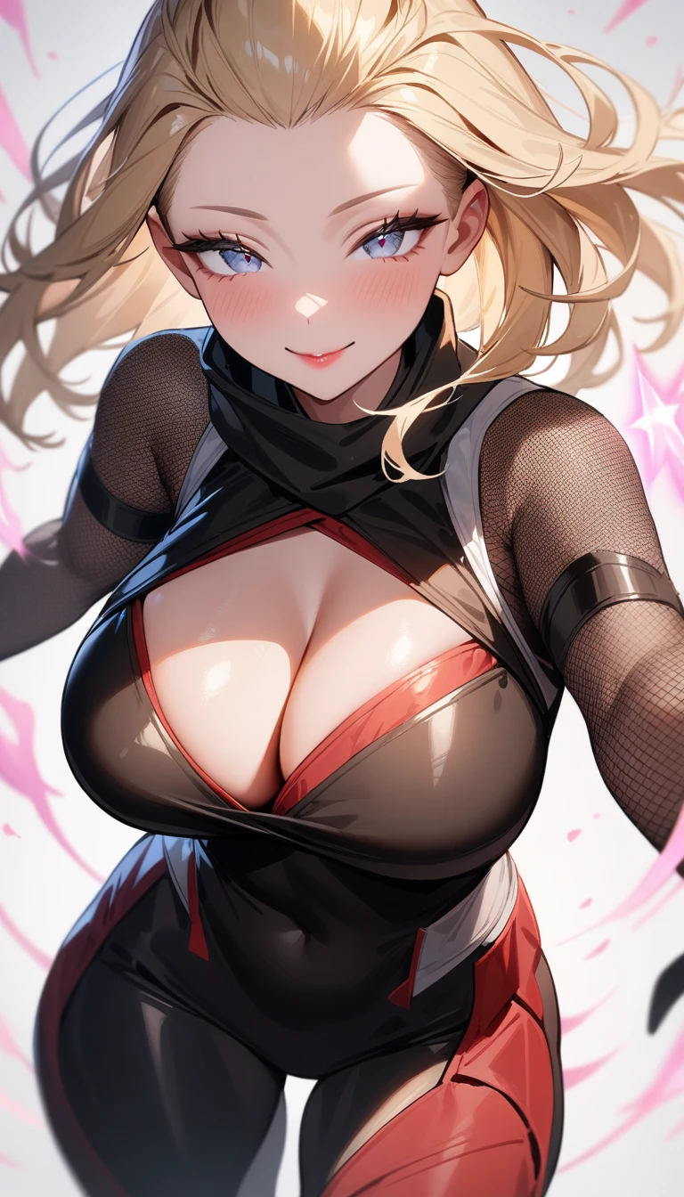 1girl,solo,super detailed skin,shiny skin,angelic smile,blonde hair,bangs pinned back,asymmetrical bangs,side braid,half open eyes,eyelashes,lips gloss,large breasts,fullbodysuit,fishnet arms,cleavage cutout,ninja clothes ,cowboy shot,light magic,simple background,masterpiece,best quality,ultra detailed,high resolution,sharp focus