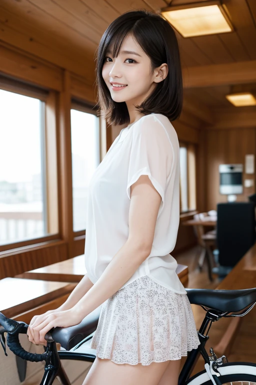 (Raw photo), (Photo realistic), (masterpiece), (Highest quality), High resolution, 8K resolution, (Exquisite detail), (Volumetric Light), a woman, Age 35, short hair, Straight Hair, Brown haired, very skinny, Very white and translucent skin,Highly detailed eyes, Source Order, Very fine eyebrows, eyelash,The best beauty,Cute like an idol, Smile, (An elegant and transparent white blouse), Random Body Orientation,medium breasts,Beautiful Japanese office lady, White blouse,Super mini pleated skirt, Lace Pantyhose, Random Color, Cute face, Real Light, Correct Anatomy, Riding a bicycle 1.4、city bicycle, on the saddle、both hands grips handle, Pedaling, Angle 1 from below.4、(((Low angle 1.4))), In the city, There is a strong headwind, Skirt flips up, (((her pantie is visible))), beautiful long legs, (((from very below 1.4))), slender thighs, look down viewer