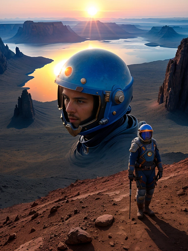(best quality,4K,high resolution, tall girl, masterpiece:1.2),Extremely detailed,Practical,photoPractical:1.37,portrait,Science Fiction,Helmet reflexes, red planet mars,Explorer Lake Reflection, ((bluish sunrise)), Red Planet, Space suit, Dense vegetation, Distant Mountains, crimson skies, curiosity,, Unknown,Dust particles,Extraordinary journey,Metal surface,Ancient buildings,expedition, blue Sun Visor,Sparkling blue Sun Visor,Vast landscape,archeology,relics of the past,mystery,adventure,conspiracy,Magnificent views,Unexplored territory,explore,Uncovering Secrets,Cosmic miracles, small size blue sun, habitating mars,