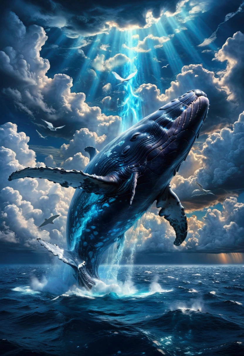 Flying Whale, Winged Whale, A giant whale flying through the sky, extremely detailed whale, glowing whale body, ethereal whale, whale surrounded by clouds, dramatic lighting, cinematic angle, fantasy landscape, vibrant colors, epic, mystical, ethereal, surreal, masterpiece, best quality, very aesthetic, absurdres