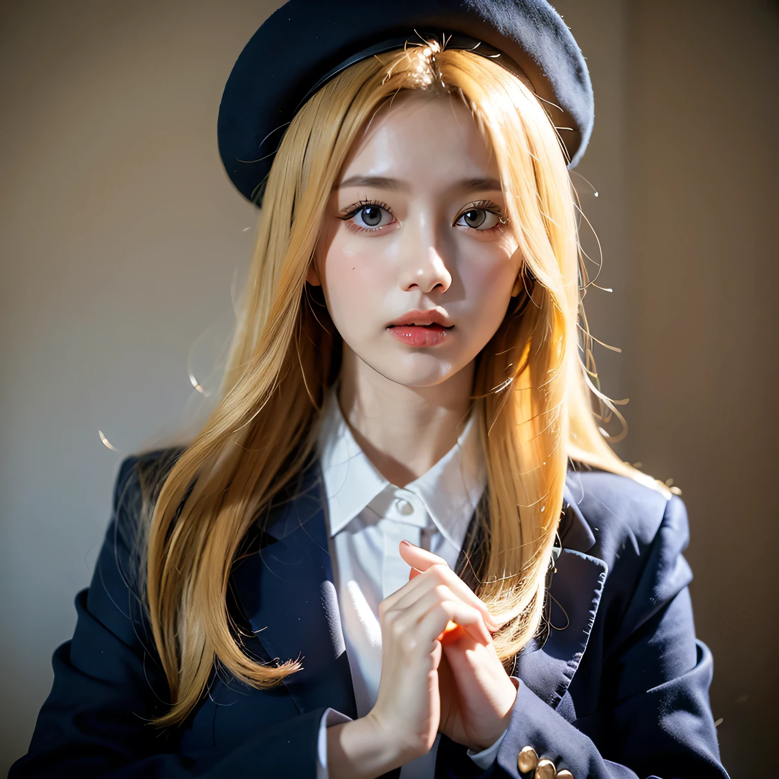 ((best quality)), ((masterpiece)), (detailed), 1girl, double eyelids, perfect eyes: 1.2, free planet alliance cosplay, blue navy cadet, long sleeve, blue beret, face only, blonde hair