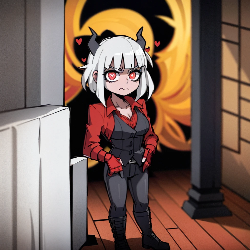 work of art:1.2, best qualityer, Composition: Camera: trunk:1.2, demeanor: front viewer, looking ahead at viewer, standing, (^_^, cloused mouth:1.35), Appearance: (1 girl, standing alone:1.2), Baphomet, ((Eyes red:1.25, symbol-shaped pupils)), (breasts big, clavicle:1.2), body hair: (body hair branco, body hair muito comprido, blunt bangs:1.1), badass clothing: ((red tailcoat:1.35, pierced:1.1, buttons:1.2, long sleeves, black belt, black gloves:1.25, redgown)), (black pantyhose, knee boots:1.2, High Heeled Boots:1.1), cross lace shoes, Accessories: ((black demon horns:1.35)), Location: ((simple background, background red:1.35, pink spoken heart)),