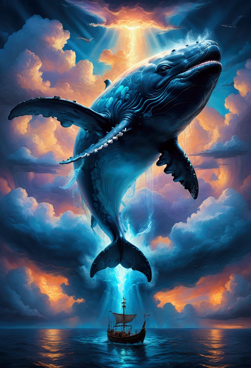 Flying Whale, Winged Whale, A giant whale flying through the sky, extremely detailed whale, glowing whale body, ethereal whale, whale surrounded by clouds, dramatic lighting, cinematic angle, fantasy landscape, vibrant colors, epic, mystical, ethereal, surreal, masterpiece, best quality, very aesthetic, absurdres