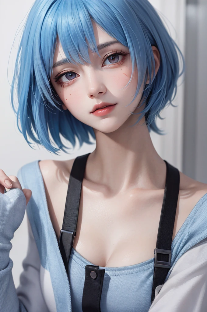 Masterpiece, Best Quality, 8K, Detailed Skin Texture, Detailed Cloth Texture, Beautiful Detail Face, Intricate Detail, Ultra Detailed, Portrait of Rei Ayanami, Blue Hair, Red Eyes, Head Tilt, No Background