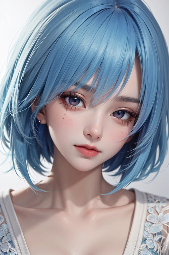 Masterpiece, Best Quality, 8K, Detailed Skin Texture, Detailed Cloth Texture, Beautiful Detail Face, Intricate Detail, Ultra Detailed, Portrait of Rei Ayanami, Blue Hair, Red Eyes, Head Tilt, No Background