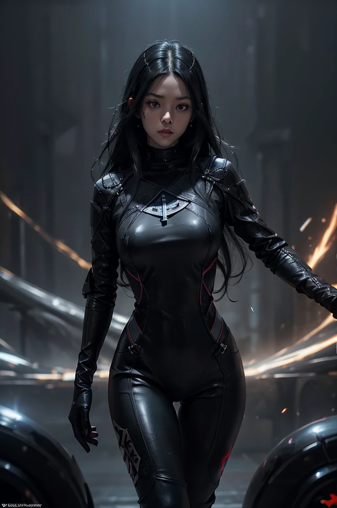 Dark-haired Scandinavian girl wearing a skin-tight black leather bodysuit, Black leather pants、(Long black hair:1.4), Red eyes,Attractive breasts、High resolution (High Dynamic Range), Ray Tracing, NVIDIA, Super Resolution, Scattered under the surface, Anisotropic Filtering, Written boundary depth ,Maximum clarity and sharpness, Surface Shading, Two-tone lighting
