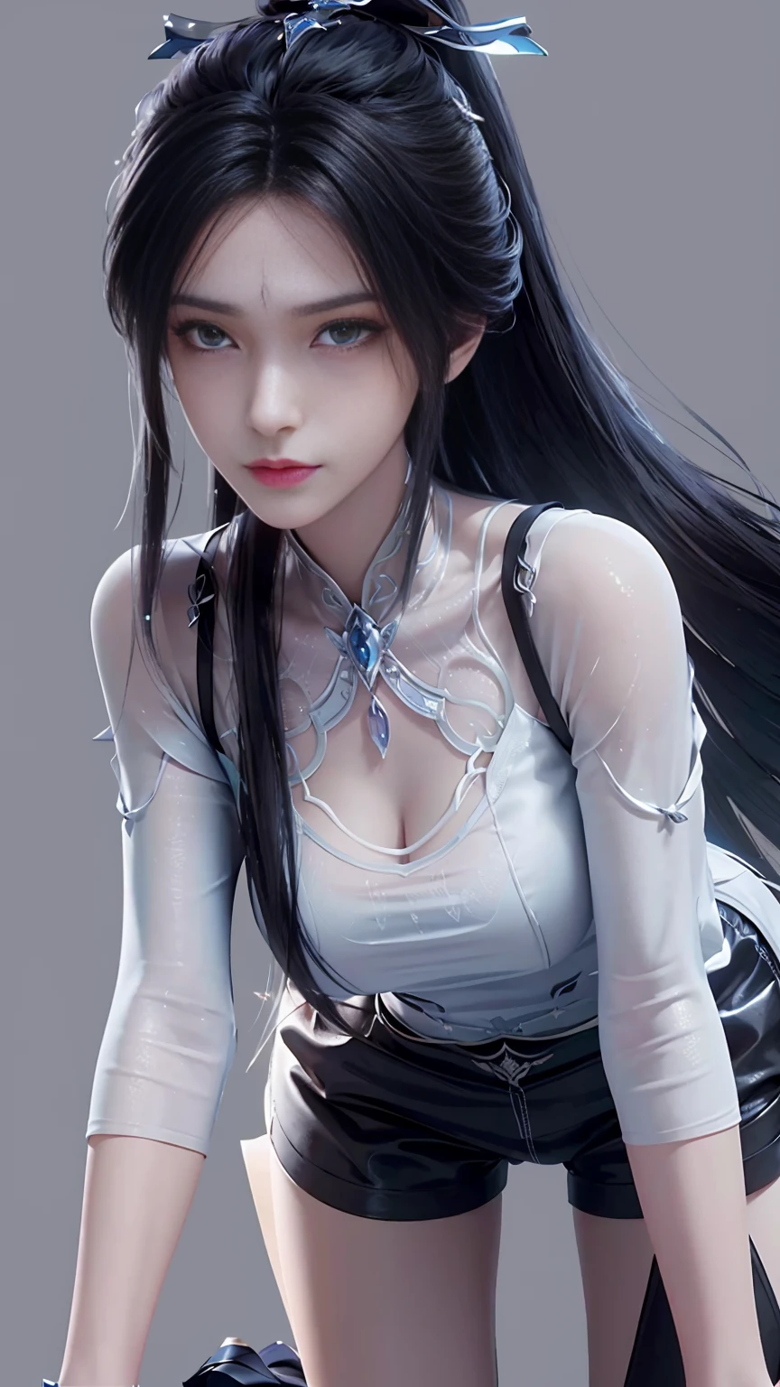 a black hair、smile Close-up of Miss wearing white mask, Beautiful character painting, Gu Weiss, Gurwitz-style artwork, Black-haired god, author：Yang Jie, Epic and beautiful character art, Stunning character art, author：Fan Qi, by Wuzhun Shifan, pixiv Art Street Guviz, Single ponytail, insult, High Ponytail, Tall and big, Long legs, (Sleeveless lace shirt), (shorts), (Striped )), ((Striped )), Walk, elegant, dignified, Miss, Beautiful curves, sweet smile, Strong sense of detail and layering, colour丰富绚丽, Has a unique texture, rich and colourful, colour, vivid, Design Art, 16K, Very detailed, {{illustration}}, {Extremely refined}, {Exquisite surface treatment}, Very detailed, Delicate and shining eyes, {{Light}}, Ultimate light effect, model: Realism, CFG size: 12, Laura: Bright texture (1.35), high quality, masterpiece, Exquisite facial features, Delicate hair depiction, Detailed depiction of the eyes, masterpiece, best quality, Light line tracing, Extremely detailed CG unified 8k wallpaper, masterpiece, best quality, (1 girl), Perfect Miss Body, (((Skinny white T-shirt))), beautiful eyes, (Delicate face), Black short hair, Tie your hair up, Light blue hairpin, Black silk frame glasses, in class, (White skin), (Optimal Lighting), (Super intricate details), 4K Unified, (Very detailed CG), Showing off her white legs, , Hot Pants, shorts,Sexy Long Legs, Thin waist, Sweat is running down my waist, Showing belly, Extremely detailed depiction, Pink Hair, Asymmetrical bangs, Transparent clothes, Hands on thighs, Move your eyes away, 8k resolution, Raise an eyebrow, Shiny hair, flower head, Wristband, bandage，Leather sexy pose, simple grey background, Crawl to the audience, Kitten pose, Get on all fours,