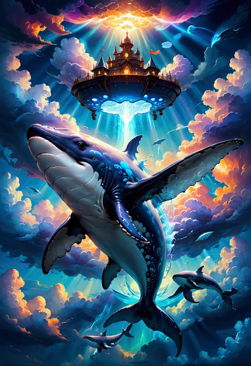Flying Whale, Winged Whale, A giant whale flying through the sky, extremely detailed whale, glowing whale body, ethereal whale, whale surrounded by clouds, dramatic lighting, cinematic angle, fantasy landscape, vibrant colors, epic, mystical, ethereal, surreal, masterpiece, best quality, very aesthetic, absurdres