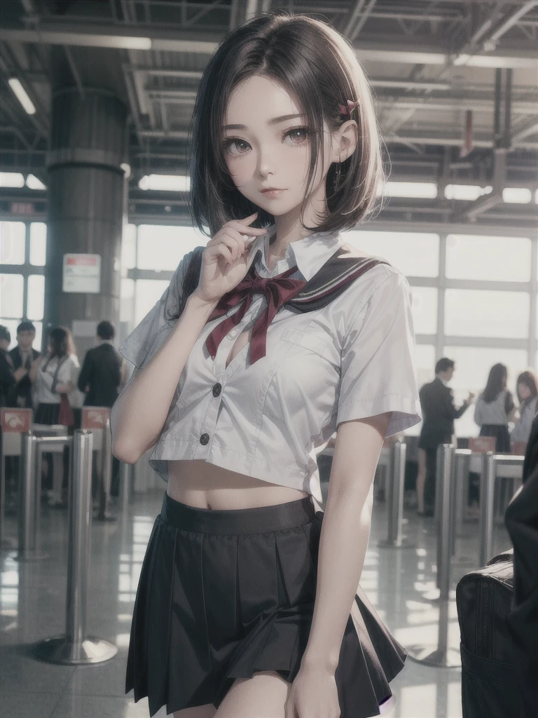 ((Best of the highest quality, 8k, Masterpiece, raw photo: 1.1)), (Sharp focus: 1.1), (1 AESPA, slim body type female, 22 y/o: 1.1), solo, Portrait Waist Up, (realistic, photo-realistic:1.37), face focus, finely small eyes, (forehead, short bob hair: 1.32), (sharp chin, droopy eyes: 1.32), (sad eyes: 1.1), (Emphasize prominent aegyo-sal with bright: 1.28), shimmering eyeshadow applied under the lower lash line, paired with thick, (small breasts, flat chest, thigh: 1.2), (short bob hair: 1.2), (school uniform, ribbon: 1.28), walking airport terminal, flower, anime