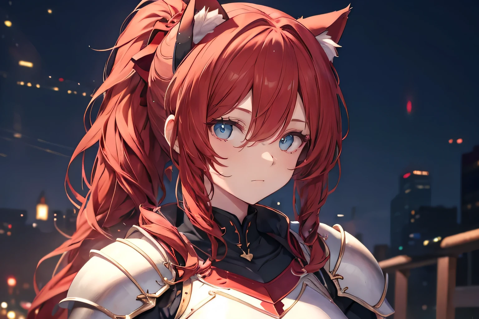 ((masterpiece)), ((best quality)), perfect detailed eyes, perfect detailed face, ultra-detailed nose, red hair, messy hair, sidelocks, ponytail, knight, Armor, shoulder pads, Cat ears headband, whole body