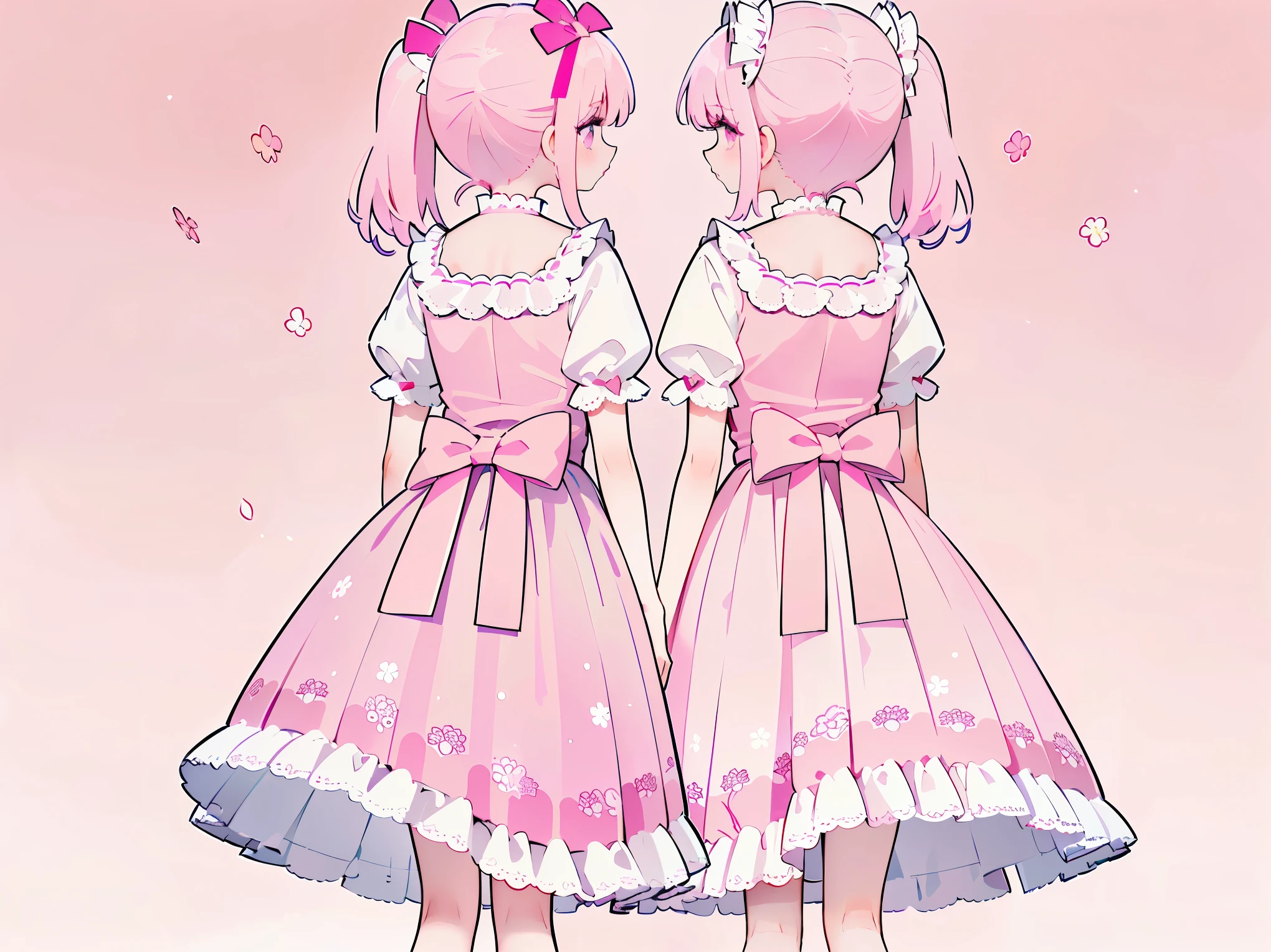 (masterpiece:1.2), best quality, highres, original, (extremely detailed:1.2), ultra-detailed, wallpaper, perfect lighting,(extremely detailed CG:1.2), 8k, 1boy, solo, crossdressing, tomgirl, kawaii, (twintails, pink hair:1.1), (ta Fashion, pink loliress, short-sleeves, bowknot on waistline, lace hemline, knee-length dress, delicate dress:1.2), (anatomically correct:1.3), standing, close-up, from behind, view of back, back-angle, (dreamlike background, pink background, girly background, sakura patterns:1.2)