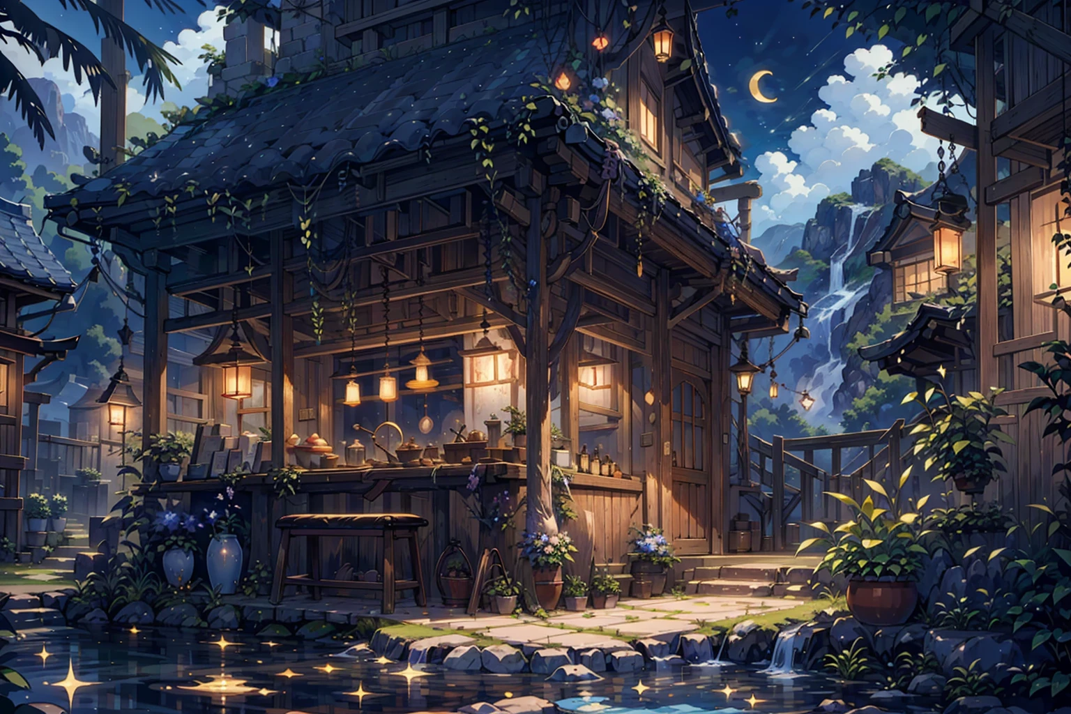 {{{Crescent Moon,Tabletop}}}, {{Highest quality, Ultra-fine illustrations, Beautiful and delicate water}}, {{Very delicate light}}, {{nature, Painting}}, {{Excellent lighting, A more transparent star, Quality Mountains, Very beautiful 8K PCG wallpaper}}, (plateau), sunrise, Randomly distributed clouds, cliff, ((Rotating starry sky)), ((Lake of the mountain stream)), Glowing particles,warrior,Grab your sword,Japanese sword,bar,bar counter,moonside