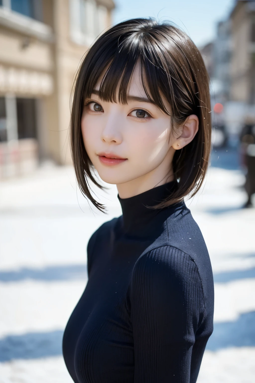 (masterpiece, Highest quality),One Girl, alone, hyper Realistic, Realistic,Realistic, Looking at the audience, Light brown eyes:1.4,Brunette Short Bob Hair with highly detailed shiny hair, Brightly colored winter clothes, Lepangas:1.4), Plein Air, Mouth closed, Upper Body、big chest eye、eyelash、{hugeな|big chest|hugeなな|Mega} chest:2, chestの谷間:2、{huge|big|hugeな|Mega} chest, chestの谷間、(((big chest eye、Short Bob Hair、Student Highlights、Gazing at the audience、She is very beautiful and cute、Listen carefully、Long neck、smile、Close your mouth and smile、Bangs and beautiful teeth、Perfect Anatomy)))、Ideal body type、(Snowy tree-lined road in winter in Norway)、美しいLong neck:1.4、
