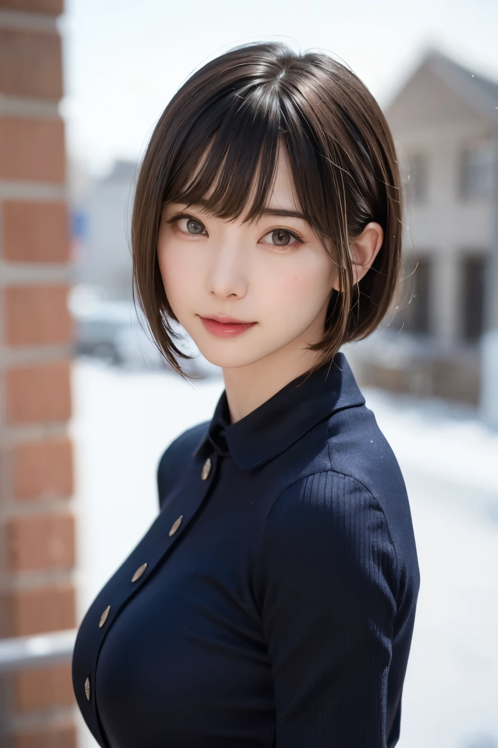 (masterpiece, Highest quality),One Girl, alone, hyper Realistic, Realistic,Realistic, Looking at the audience, Light brown eyes:1.4,Brunette Short Bob Hair with highly detailed shiny hair, Brightly colored winter clothes, Lepangas:1.4), Plein Air, Mouth closed, Upper Body、big chest eye、eyelash、{hugeな|big chest|hugeなな|Mega} chest:2, chestの谷間:2、{huge|big|hugeな|Mega} chest, chestの谷間、(((big chest eye、Short Bob Hair、Student Highlights、Gazing at the audience、She is very beautiful and cute、Listen carefully、Long neck、smile、Close your mouth and smile、Bangs and beautiful teeth、Perfect Anatomy)))、Ideal body type、(Snowy tree-lined road in winter in Norway)、美しいLong neck:1.4、