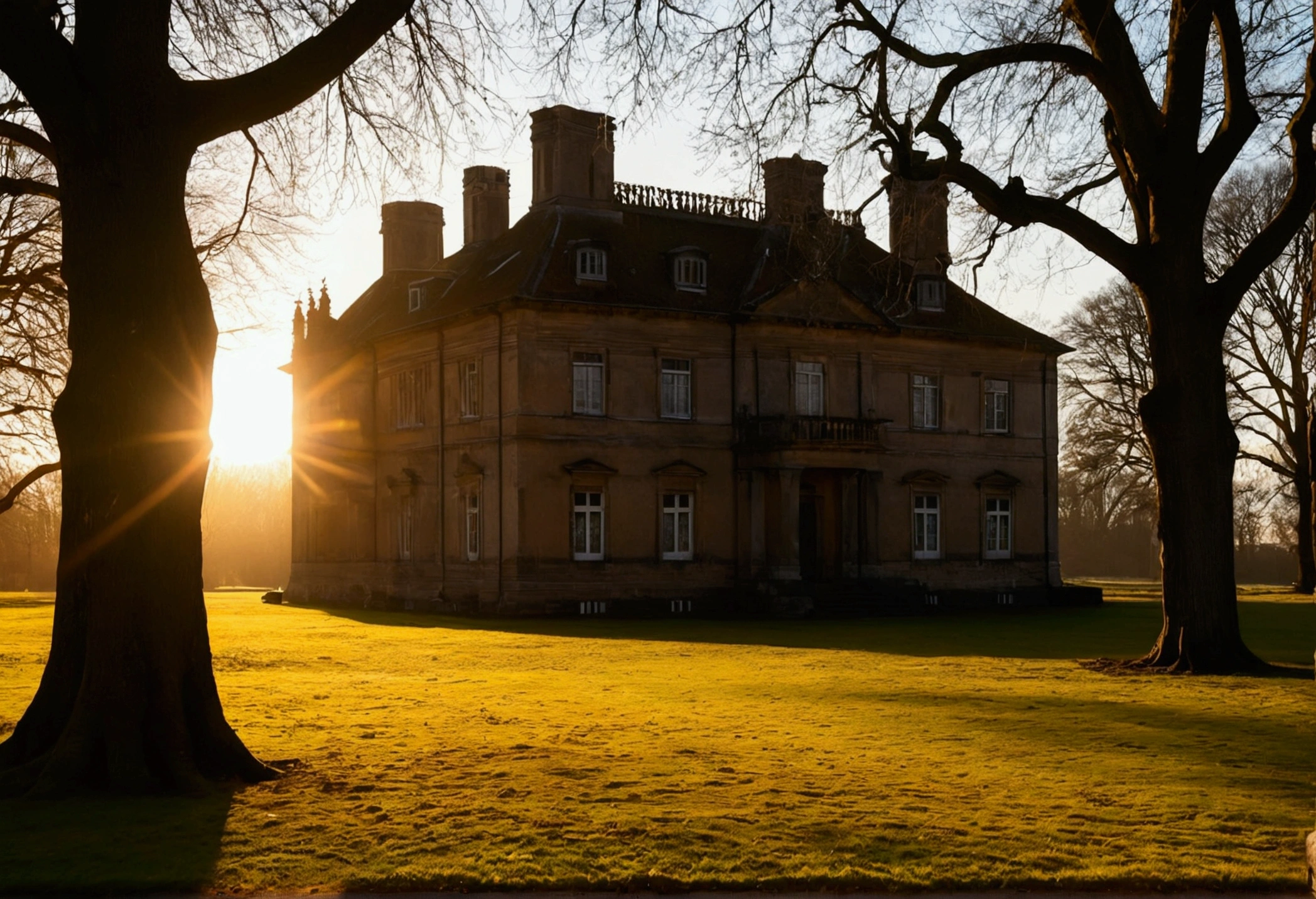 imposing architecture, sense of history, evening sun, long shadows, eerie atmosphere, surroundings, daylight, dim interior, cold, weight of history