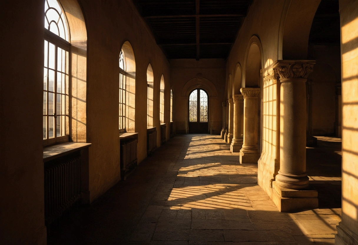 imposing architecture, sense of history, evening sun, long shadows, eerie atmosphere, surroundings, daylight, dim interior, cold, weight of history