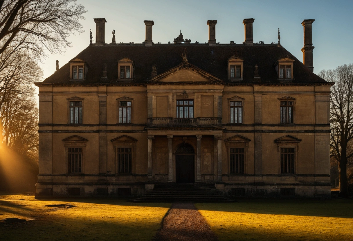 imposing architecture, sense of history, evening sun, long shadows, eerie atmosphere, surroundings, daylight, dim interior, cold, weight of history